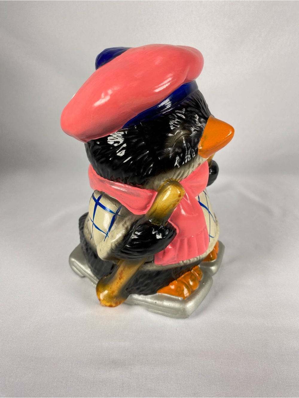 Vintage Ceramic Penguin Coin Bank Pink Scarf Skis Taiwan Christmas Winter Decor - Picture 2 of 7